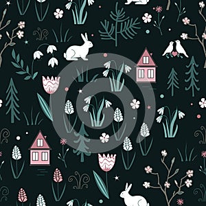 Spring forest seamless pattern with rabbits, birds, flowers, houses and trees. Vector spring wood background