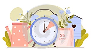 Spring forward 2024, daylight saving time begins, alarm clock and spring garden flowers