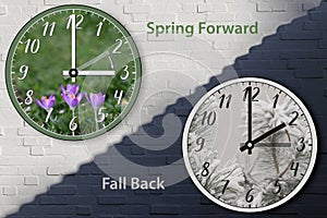 Spring forward, Fall Back. Two wall clocks. The change to daylight saving time or to standard time.