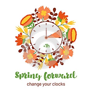 Spring Forward reminder to change clocks. Hand turn to Summertime. Summer time in March minimalist style design. DST illustration