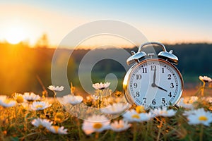 Spring forward. Time change in spring. Daylight saving time. Alarm clock on beautiful nature background with green grass