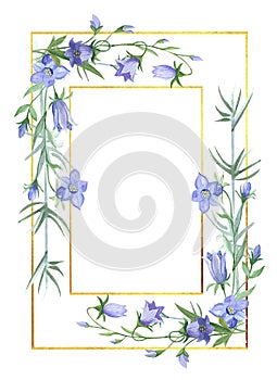 Spring frame with bluebell flowers,golden frame,delicate blue flowers,Watercolor illustration,