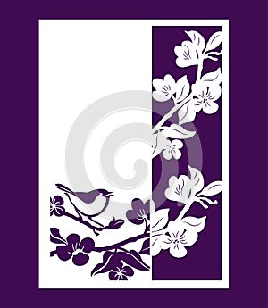 Spring frame with flowers and a bird. Can be used as a postcard or panel.