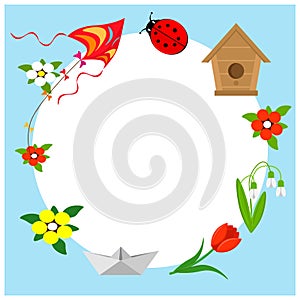 Spring frame with flowers, a kite and a birdhouse. Place for a photo or text