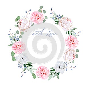 Spring fresh peony, anemone, camellia, brunia flowers and eucaliptis leaves round vector frame