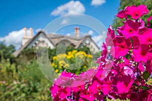 Spring in front of old English village house