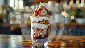 a spring fruit parfait, with layers of yogurt, granola, and fresh berries, served in a glass