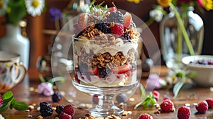 a spring fruit parfait, with layers of yogurt, granola, and fresh berries, served in a glass