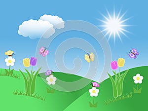 Spring garden background with tulips butterflies blue sky green grass hills sun and clouds illustration
