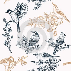 Spring garden background. Vintage seamless patter with birds, flowers, leaves and blooming tree branches. Hand drawn almond,