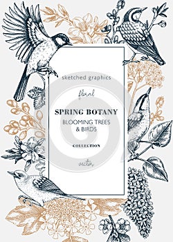 Spring garden card or invitation template. Vintage frame designs with birds, flowers, leaves and blooming tree branches. Almond,