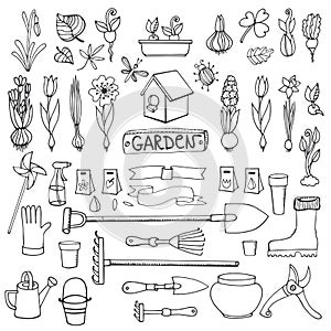 Spring garden doodles.Flowers,bulbs,plants,tools