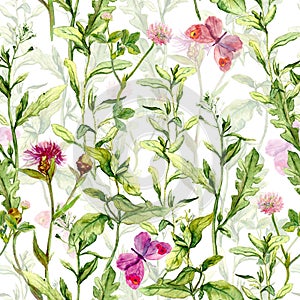 Spring garden: grass, flowers, butterflies. Vintage watercolor. Seamless pattern