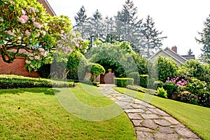 Spring garden and pathway near home. American Northwest.