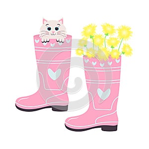 Spring garden rubber boots with a bouquet of dandelions and a cute kitty with big eyes sitting inside the boot. Gardening and