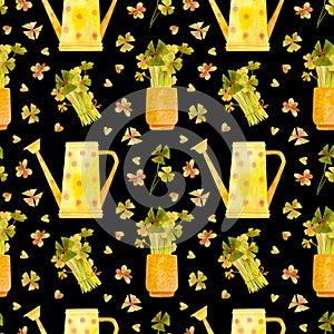 Spring garden seamless pattern. Yellow watering can and seedlings of oxalis.