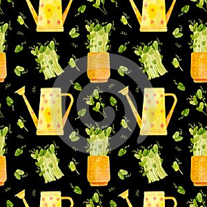 Spring garden seamless pattern. Yellow watering can and seedlings of pea.