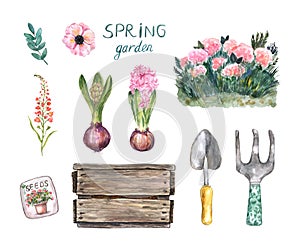 Spring garden set illustration. Watercolor gardening tools, flowers, wood container, isolated