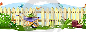 Spring garden vector fence seamless border with birds, flowers, bushes, wheelbarrow, green grass, boots.