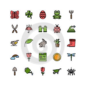 Spring and gardening. Color icon set. Filled vector illustration