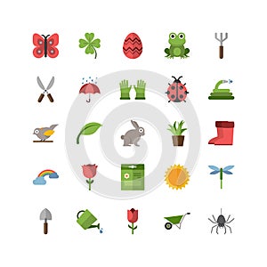 Spring and gardening. Color icon set. Flat vector illustration
