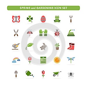 Spring and gardening. Color icon set with shadow. Vector illustration