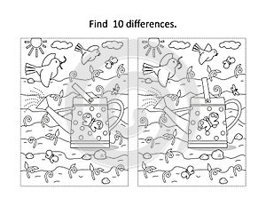 Spring and gardening find the differences picture puzzle and coloring page