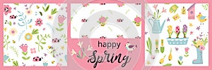 Spring gardening floral seamless patterns set Doodle natural flowers background collection Vector