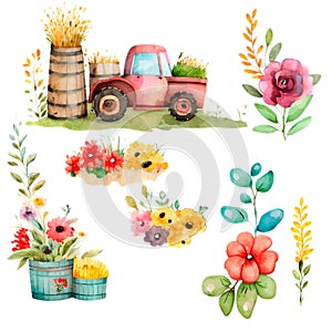 Spring gardening flowers and planting tools icons set. Farm Clipart, Watercolor png, jpeg