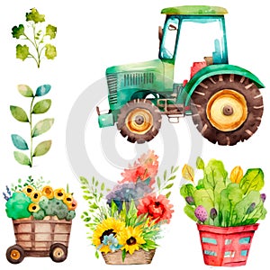 Spring gardening flowers and planting tools icons set. Farm Clipart, Watercolor png, jpeg