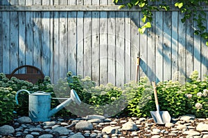 Spring gardening. A garden watering can and a shovel stand in the garden near the fence.