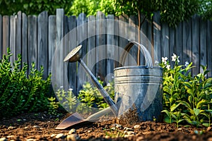 Spring gardening. A garden watering can and a shovel stand in the garden near the fence.