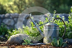 Spring gardening. A garden watering can and a shovel stand in the grass in the garden.