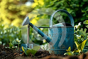 Spring gardening. A garden watering can and a shovel stand in the grass in the garden.