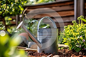 Spring gardening.Garden watering can stands in flowers in the garden near the fence.