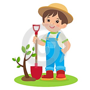 Spring Gardening. Growing Young Gardener. Cute Cartoon Boy With Shovel. photo
