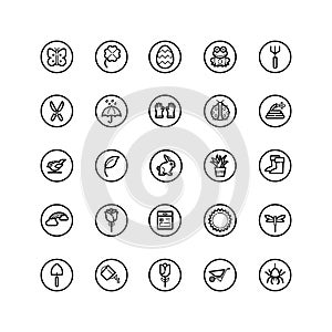 Spring and gardening. Icon set in a circle. Outline vector illustration