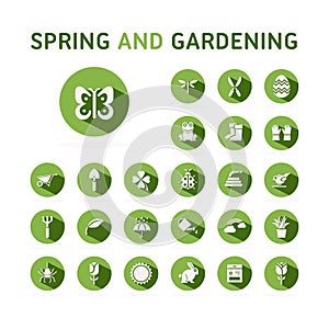 Spring and gardening. Icon set on a green circle. Vector illustration