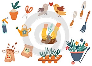 Spring gardening outdoor illustrations set. Garden tools, Plants, flowers, and birds seasonal flat style collection.