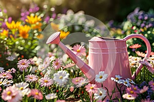 Spring gardening.Pink garden watering can stands among flowers in the garden.