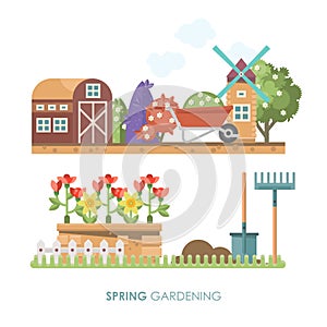 Spring gardening vector flat illustration in pastel colors with cute barn and mill