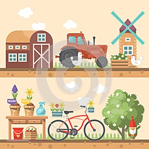 Spring gardening vector flat illustration in pastel colors with cute barn, tractor and bicycle