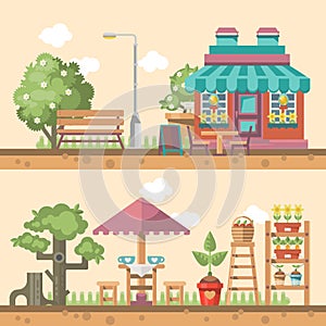 Spring gardening vector flat illustration in pastel colors with cute cafe and garden furniture
