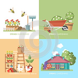 Spring gardening vector flat illustration in pastel colors with cute house, wheelbarrow and bees