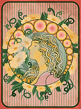 Spring girl card in art nouveau style, vector