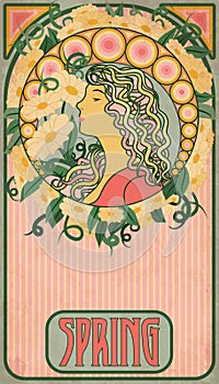 Spring girl, floral banner in art nouveau style, vector