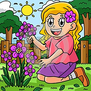Spring Girl Picking Flowers Colored Illustration