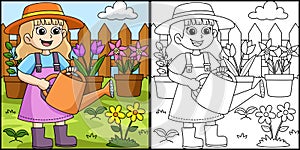 Spring Girl Watering the Flowers Illustration