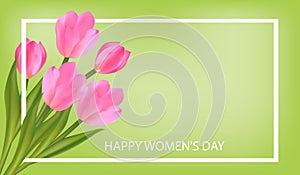 Spring green Background with Tulips. March 8 International Women`s Day greeting card template with flowers. Vector