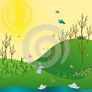 Spring Green gradient Landscape with flowers rabbit and stream
